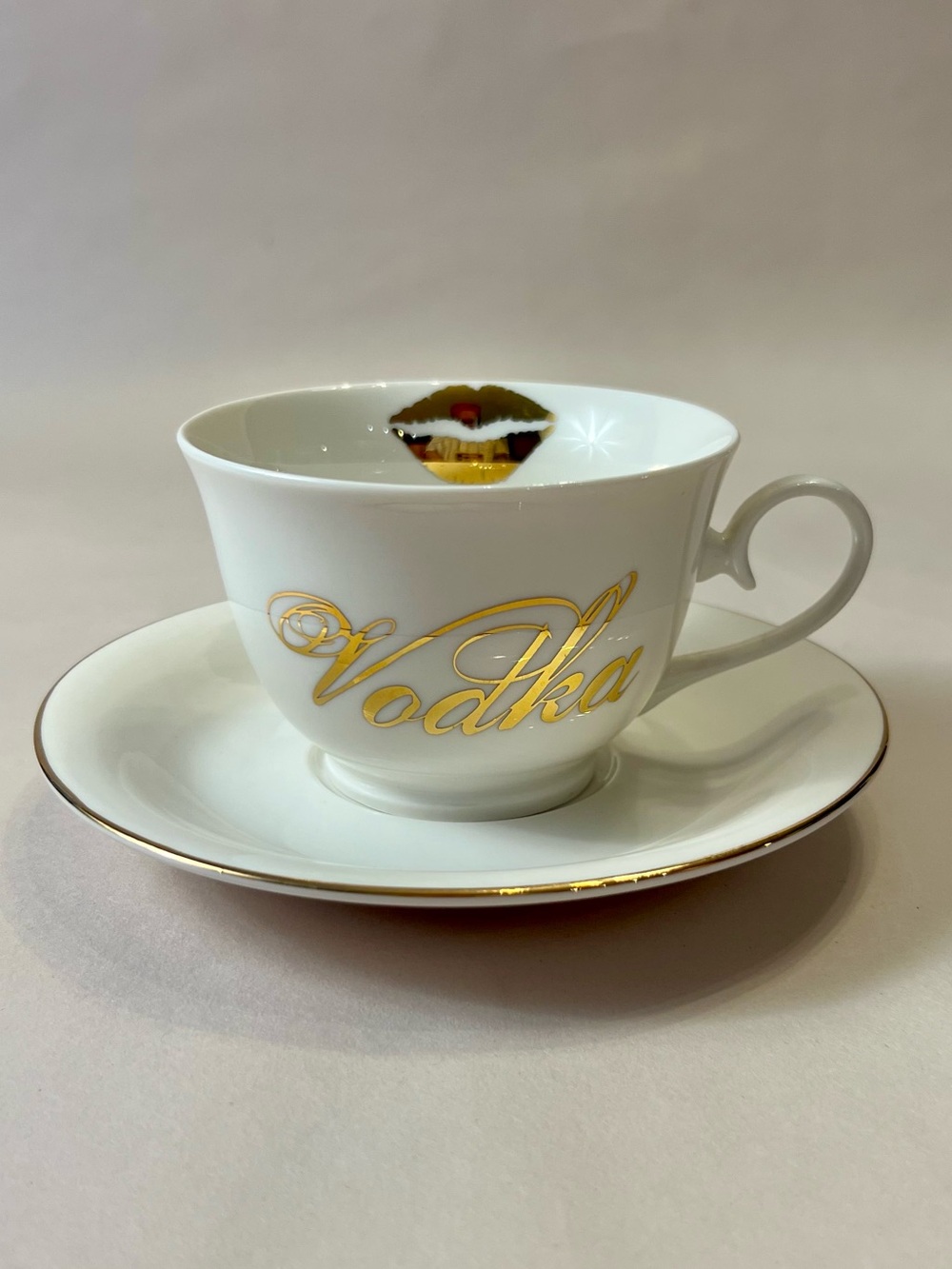 Vodka & Gold Lips Teacup & Saucer | White Ceramic with Gold Trim